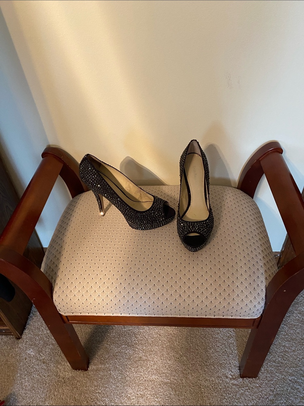 Enzo Angiolini Black Rhinestone Peep-Toe Stiletto Heels